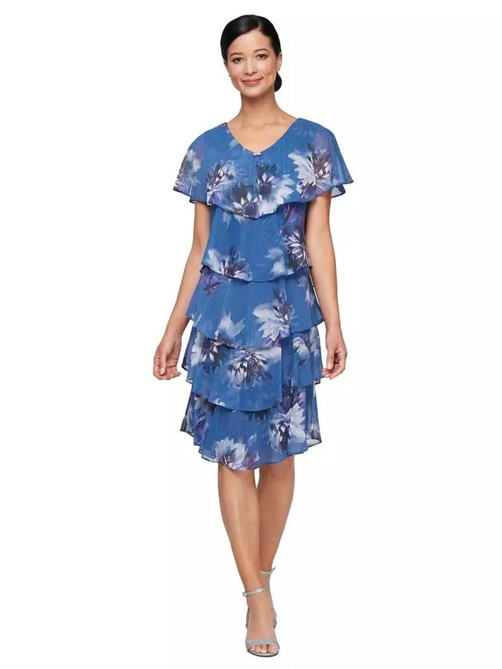 SL Fashions Women's Short-Sleeve Chiffon A-Line Dress Blue/Multi Size 18